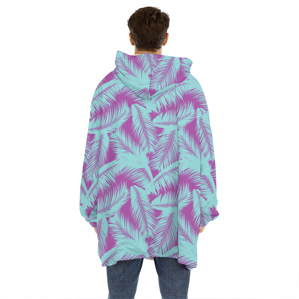 Purple And Teal Tropical Leaf Print Hoodie Blanket