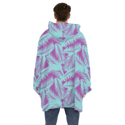 Purple And Teal Tropical Leaf Print Hoodie Blanket