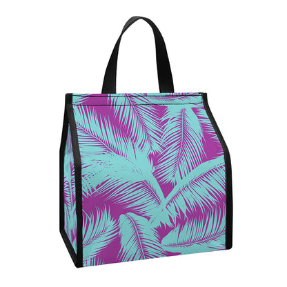 Purple And Teal Tropical Leaf Print Insulated Lunch Tote
