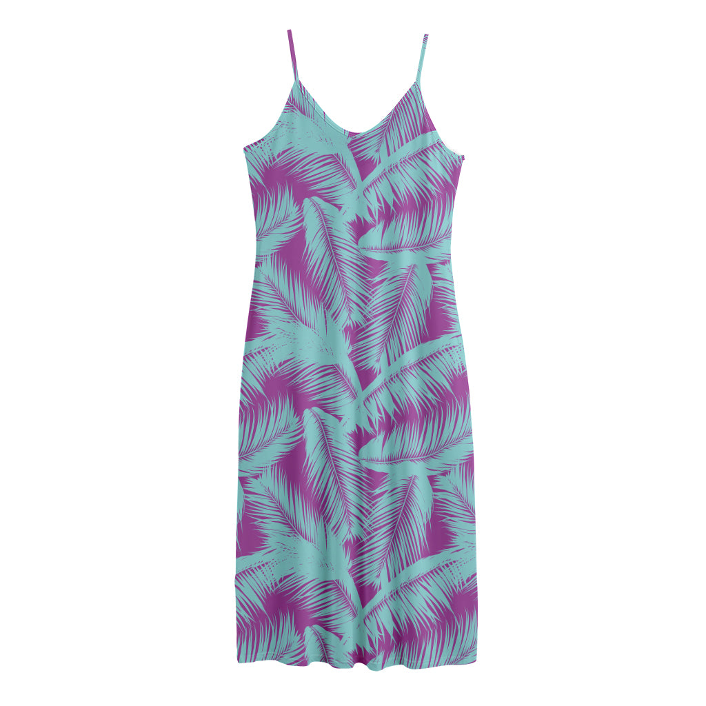 Purple And Teal Tropical Leaf Print Jersey Midi Cami Dress