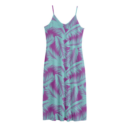 Purple And Teal Tropical Leaf Print Jersey Midi Cami Dress