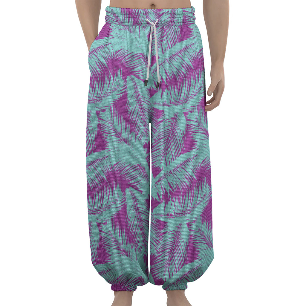 Purple And Teal Tropical Leaf Print Lantern Pants