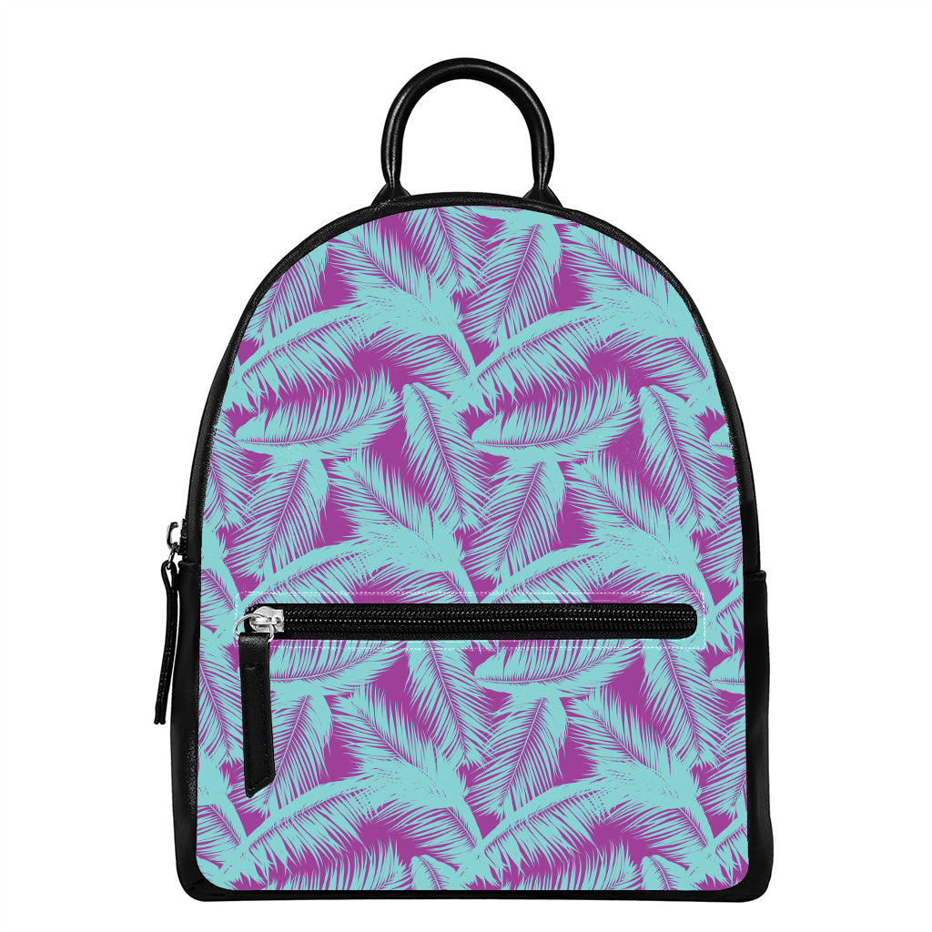 Purple And Teal Tropical Leaf Print Leather Backpack