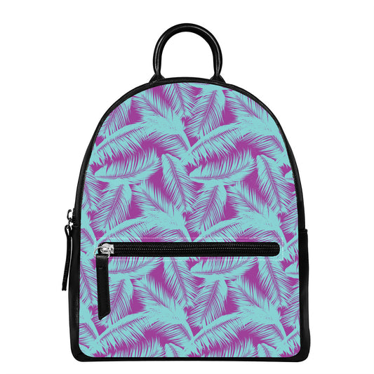 Purple And Teal Tropical Leaf Print Leather Backpack