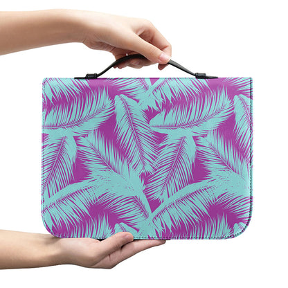Purple And Teal Tropical Leaf Print Leather Bible Cover