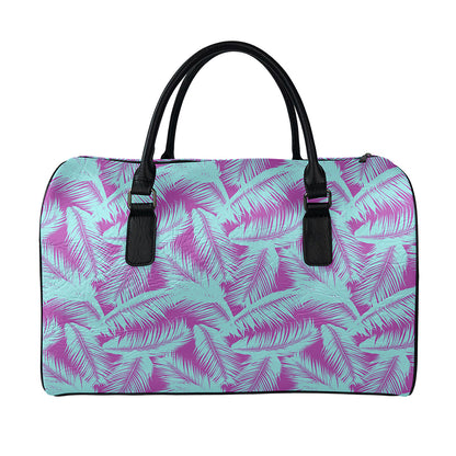 Purple And Teal Tropical Leaf Print Leather Duffle Bag