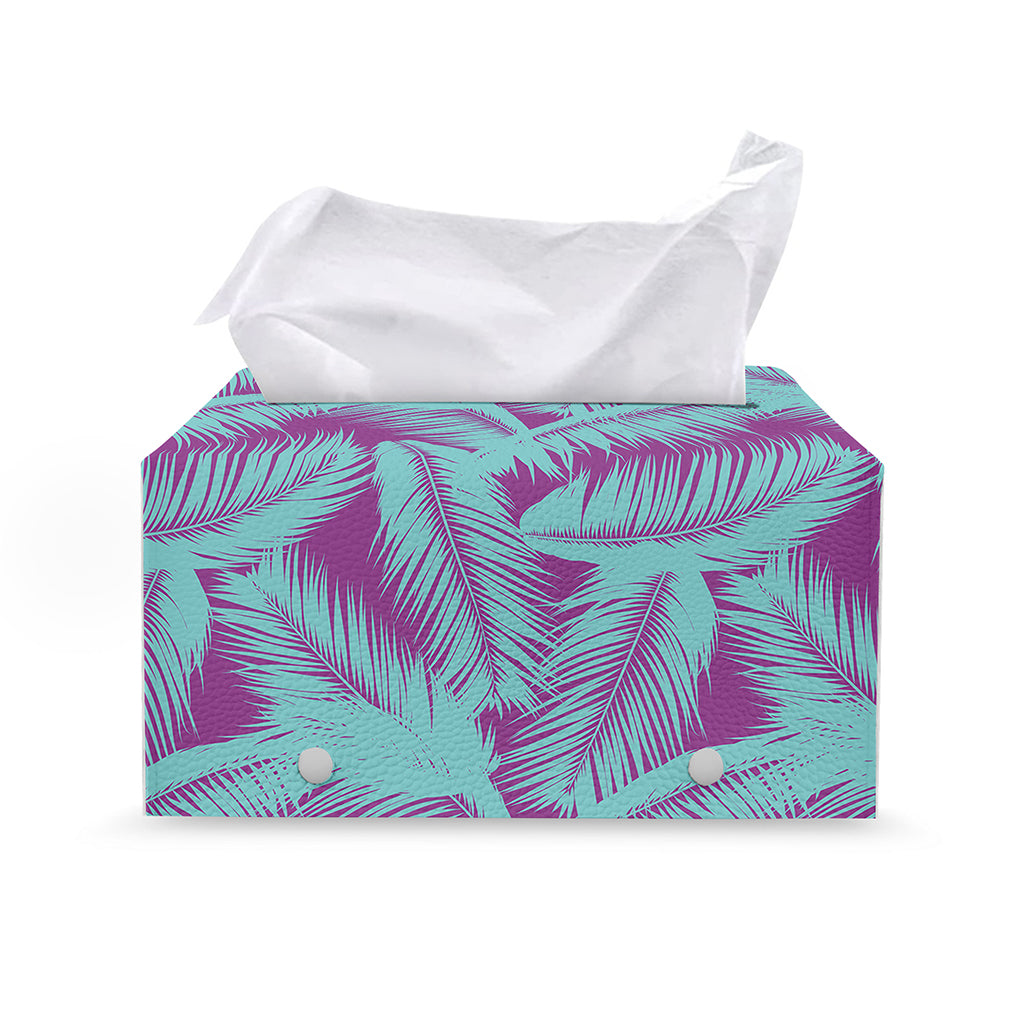 Purple And Teal Tropical Leaf Print Leather Tissue Box Cover
