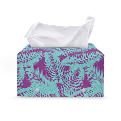 Purple And Teal Tropical Leaf Print Leather Tissue Box Cover