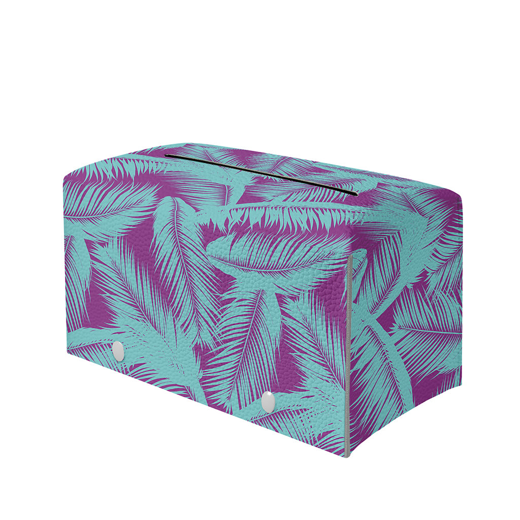Purple And Teal Tropical Leaf Print Leather Tissue Box Cover