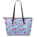 Purple And Teal Tropical Leaf Print Leather Tote Bag With Zipper