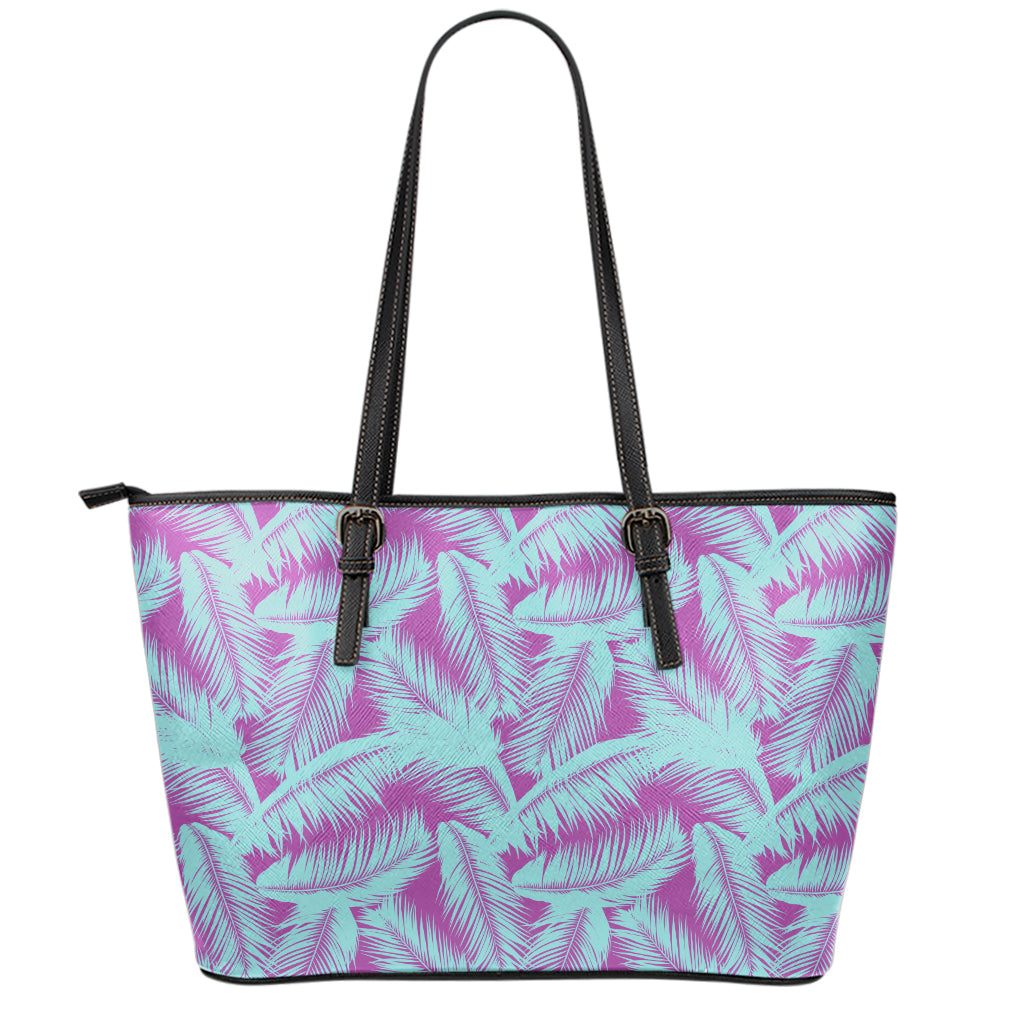 Purple And Teal Tropical Leaf Print Leather Tote Bag