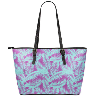 Purple And Teal Tropical Leaf Print Leather Tote Bag