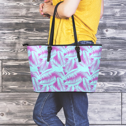 Purple And Teal Tropical Leaf Print Leather Tote Bag