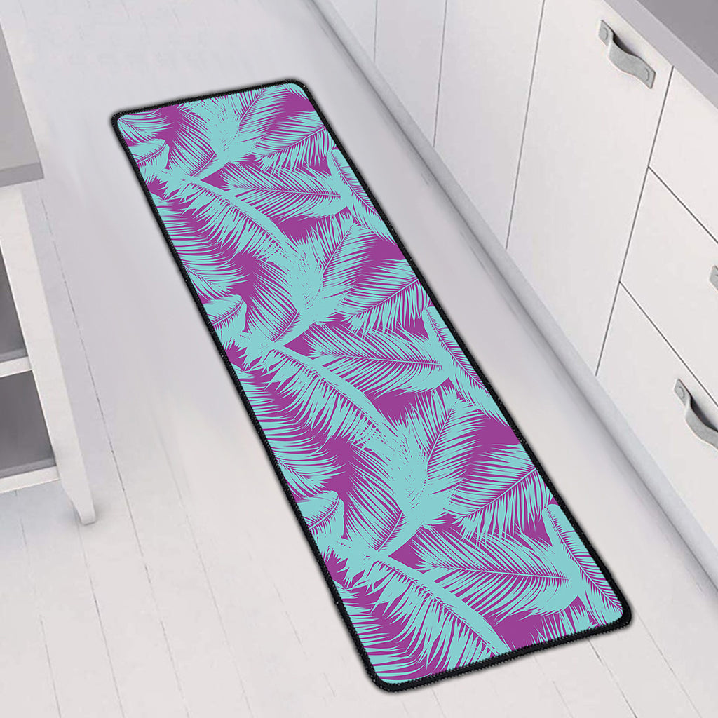 Purple And Teal Tropical Leaf Print Long Kitchen Mat