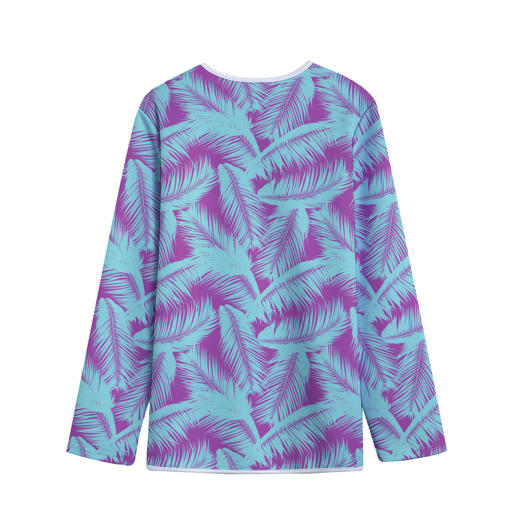 Purple And Teal Tropical Leaf Print Long Sleeve Short Coat