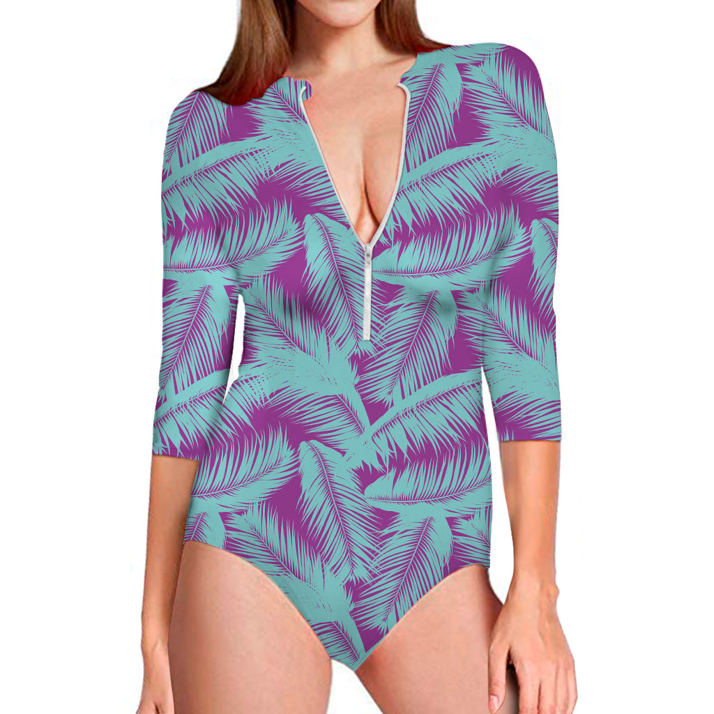 Purple And Teal Tropical Leaf Print Long Sleeve Swimsuit