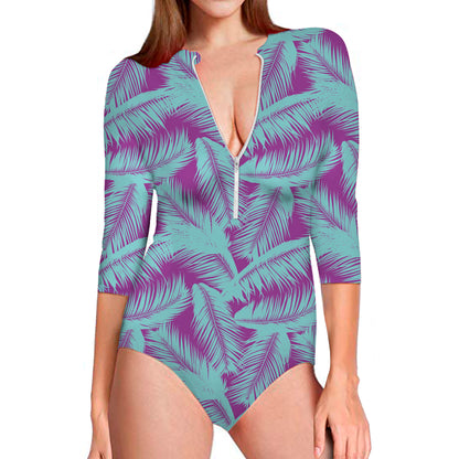 Purple And Teal Tropical Leaf Print Long Sleeve Swimsuit