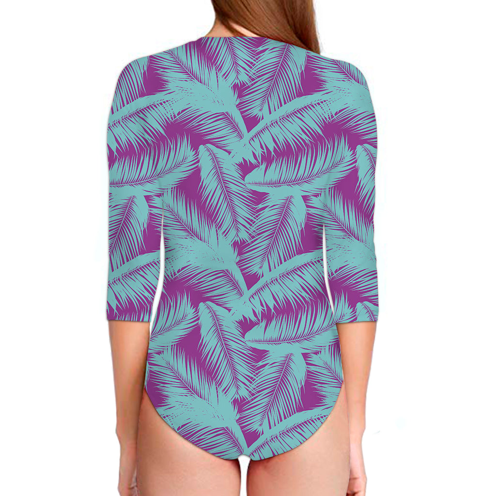 Purple And Teal Tropical Leaf Print Long Sleeve Swimsuit