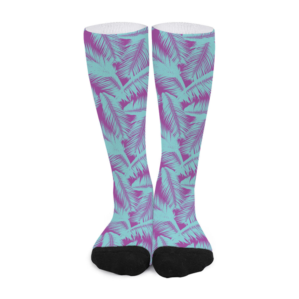 Purple And Teal Tropical Leaf Print Long Socks