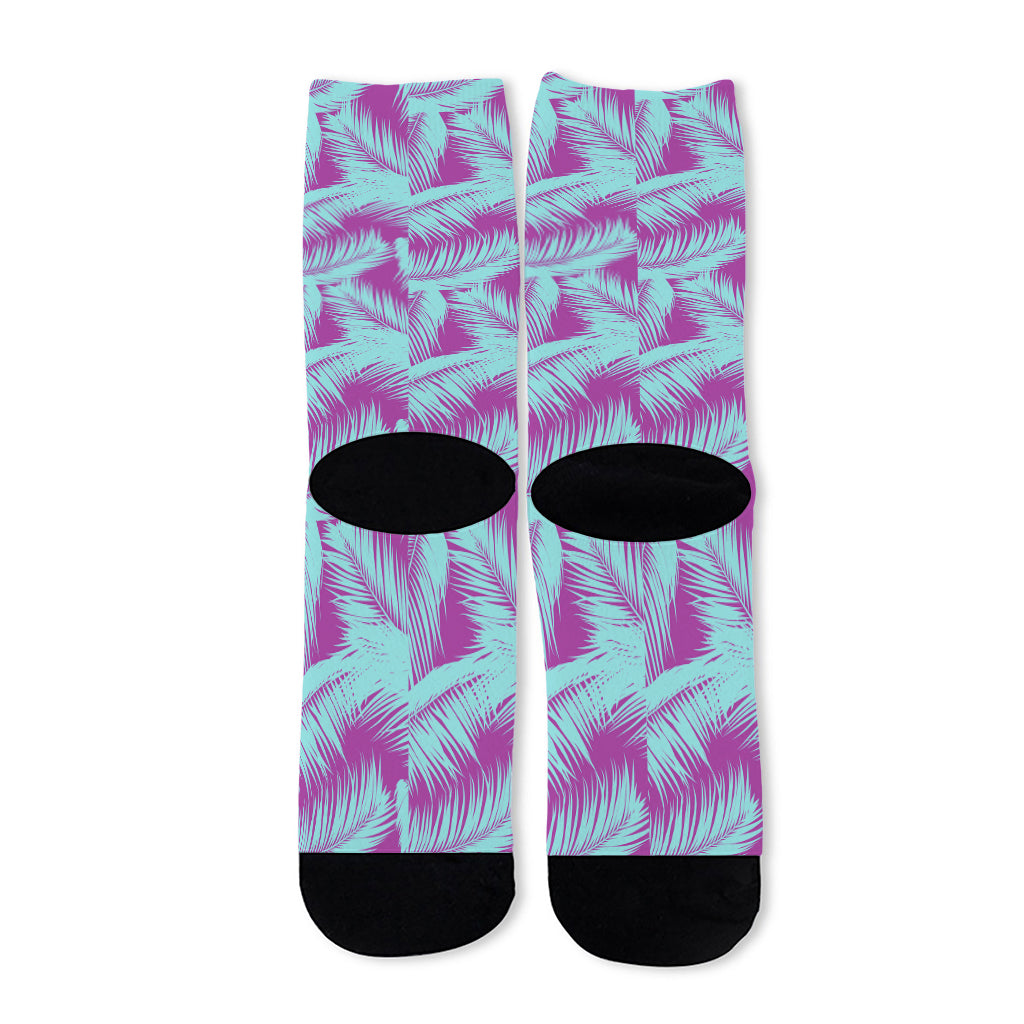 Purple And Teal Tropical Leaf Print Long Socks