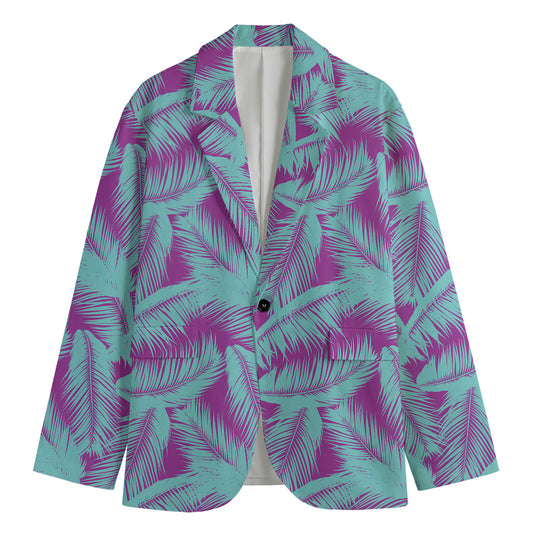 Purple And Teal Tropical Leaf Print Men's Blazer