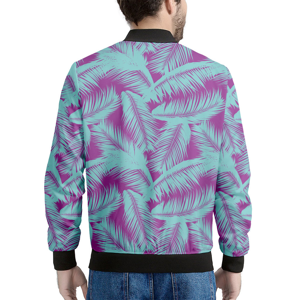 Purple And Teal Tropical Leaf Print Men's Bomber Jacket