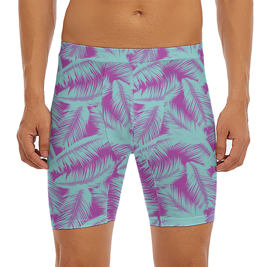Purple And Teal Tropical Leaf Print Men's Long Boxer Briefs