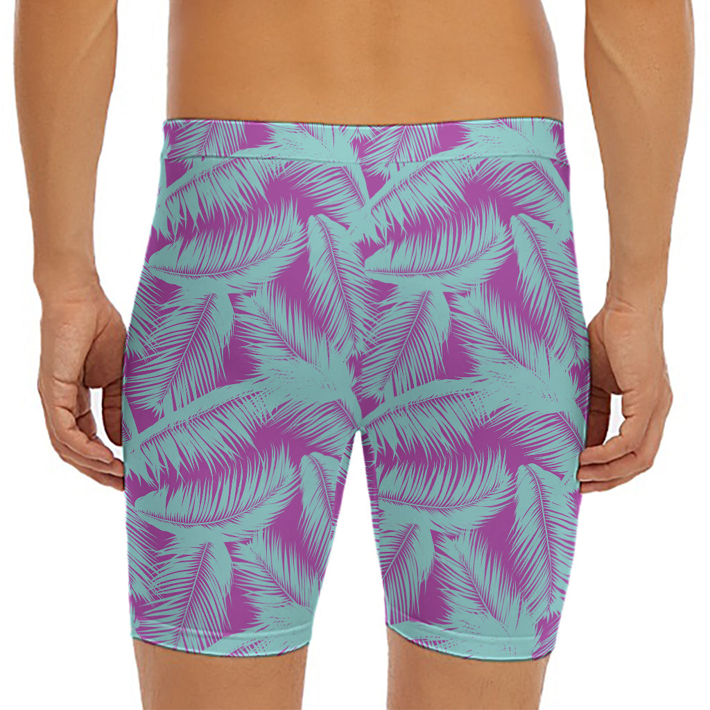 Purple And Teal Tropical Leaf Print Men's Long Boxer Briefs