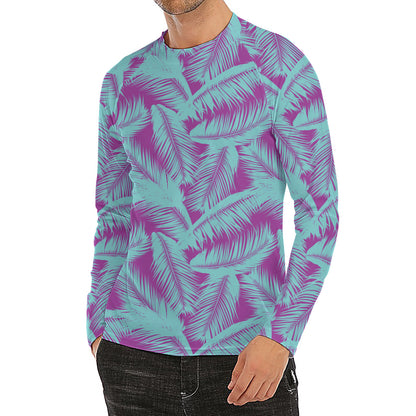 Purple And Teal Tropical Leaf Print Men's Long Sleeve Rash Guard
