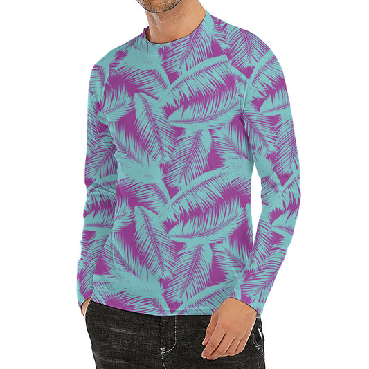 Purple And Teal Tropical Leaf Print Men's Long Sleeve Rash Guard