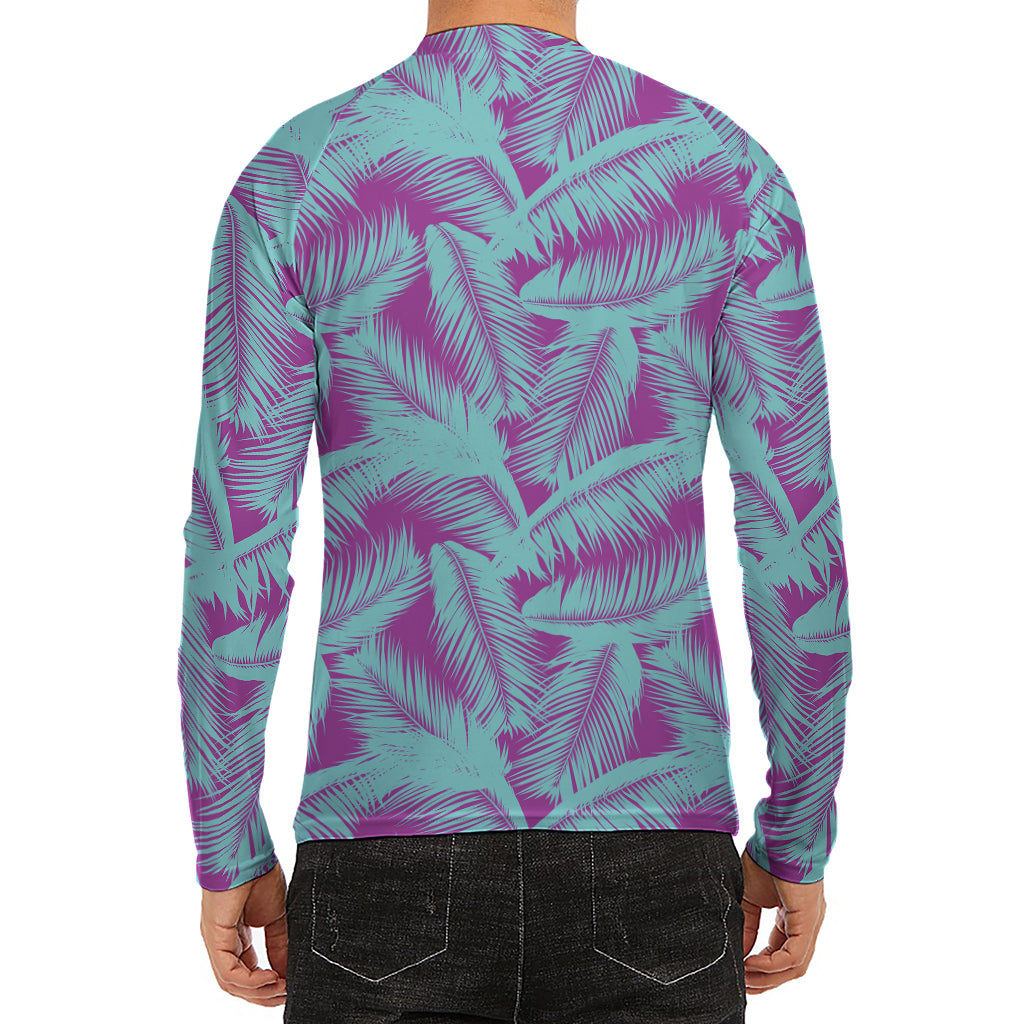 Purple And Teal Tropical Leaf Print Men's Long Sleeve Rash Guard