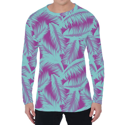 Purple And Teal Tropical Leaf Print Men's Long Sleeve T-Shirt