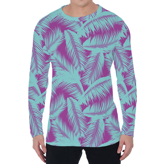 Purple And Teal Tropical Leaf Print Men's Long Sleeve T-Shirt