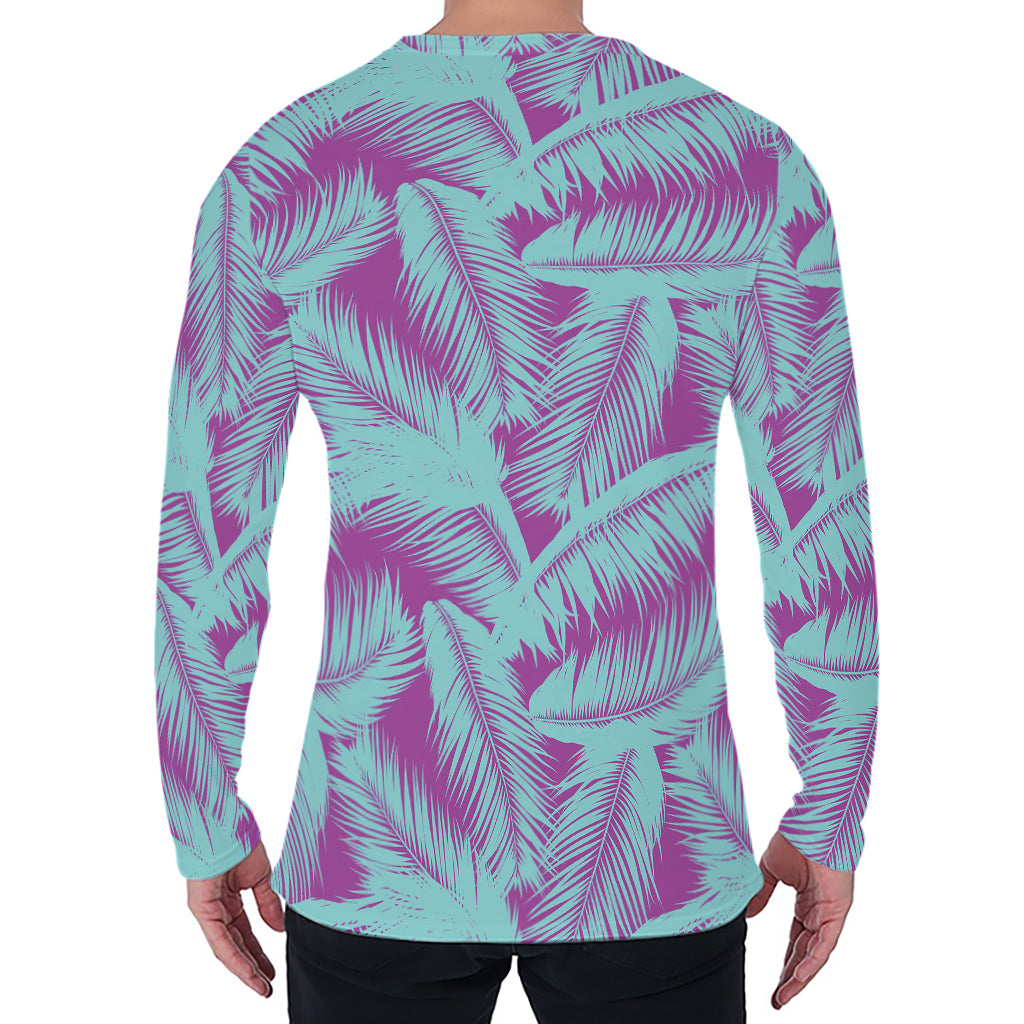 Purple And Teal Tropical Leaf Print Men's Long Sleeve T-Shirt