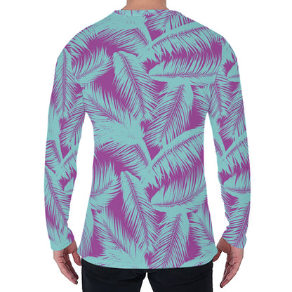 Purple And Teal Tropical Leaf Print Men's Long Sleeve T-Shirt