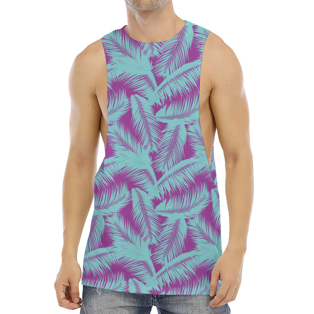 Purple And Teal Tropical Leaf Print Men's Muscle Tank Top