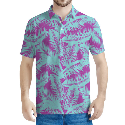 Purple And Teal Tropical Leaf Print Men's Polo Shirt