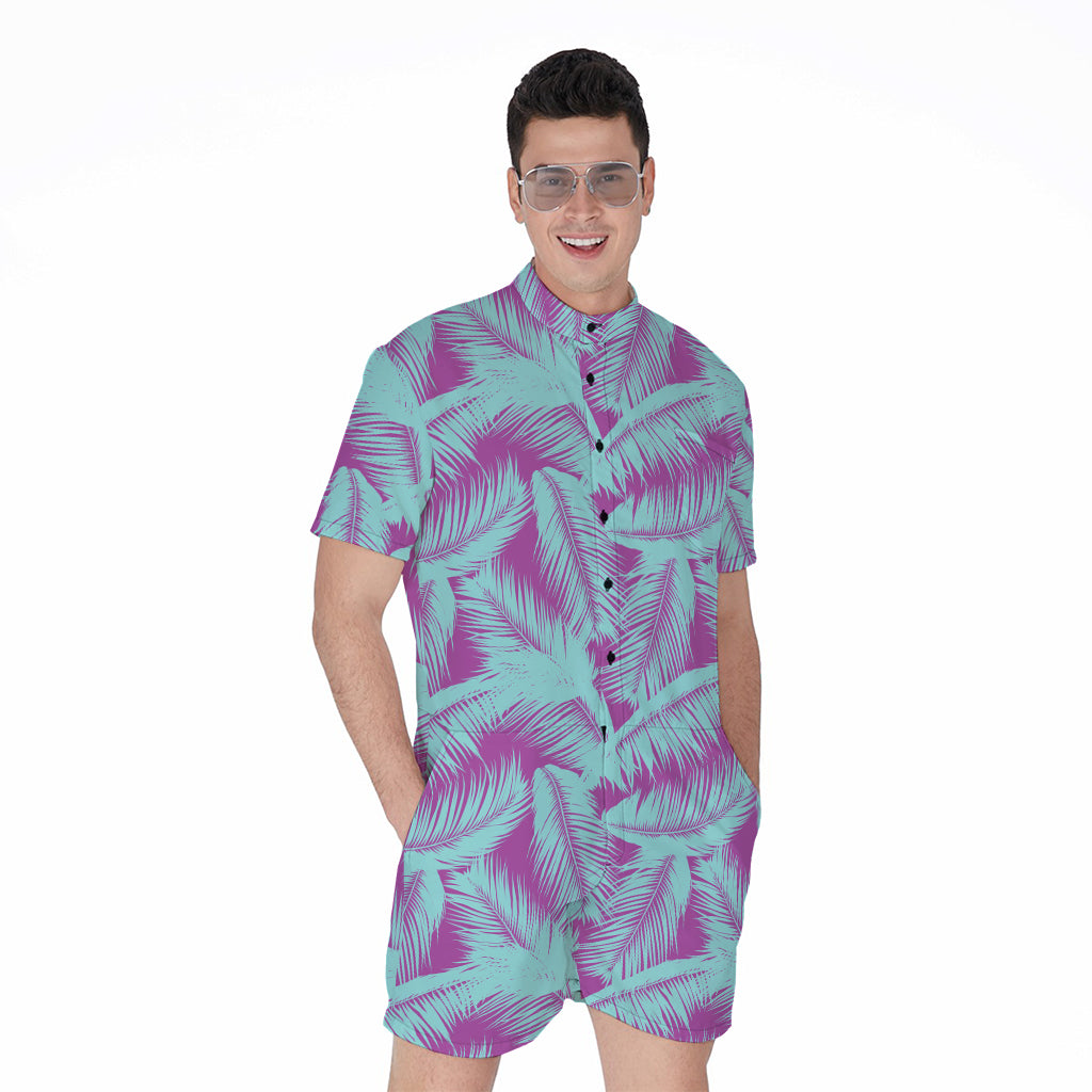 Purple And Teal Tropical Leaf Print Men's Rompers
