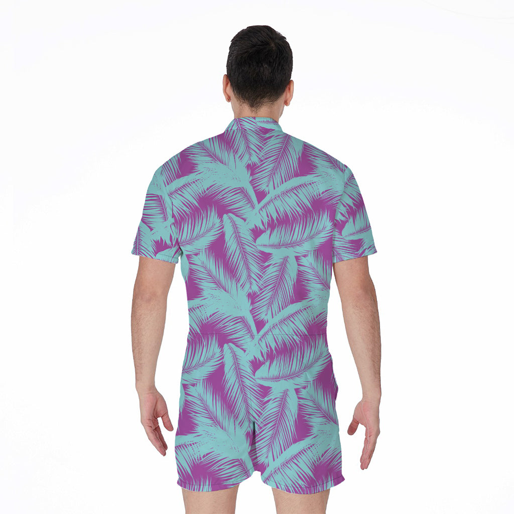 Purple And Teal Tropical Leaf Print Men's Rompers