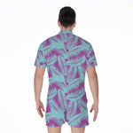 Purple And Teal Tropical Leaf Print Men's Rompers