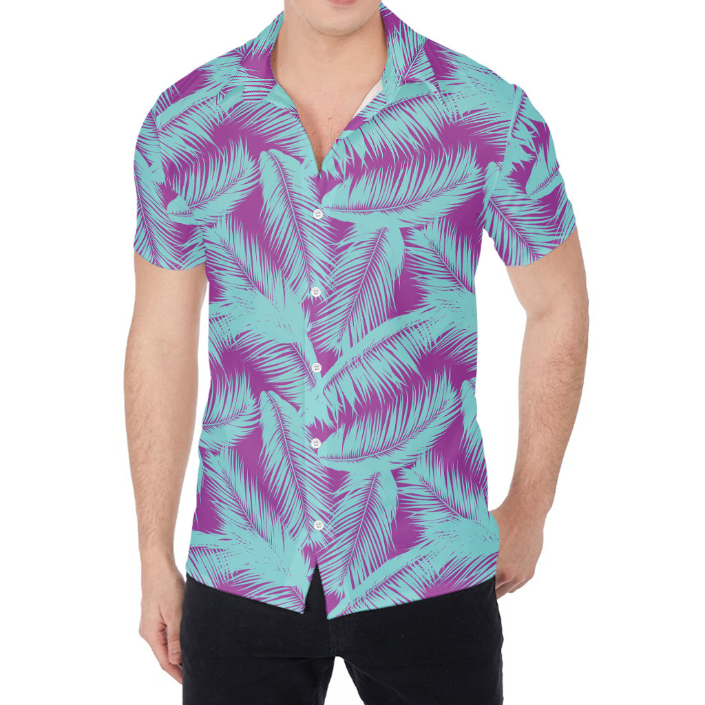 Purple And Teal Tropical Leaf Print Men's Shirt