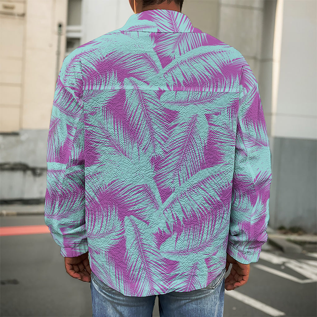 Purple And Teal Tropical Leaf Print Men's Shirt Jacket
