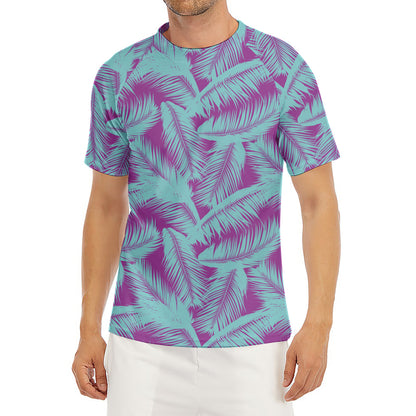 Purple And Teal Tropical Leaf Print Men's Short Sleeve Rash Guard