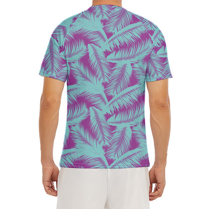 Purple And Teal Tropical Leaf Print Men's Short Sleeve Rash Guard
