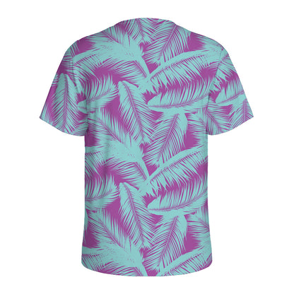 Purple And Teal Tropical Leaf Print Men's Sports T-Shirt