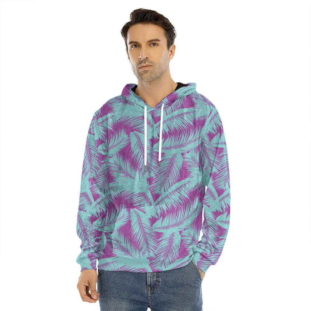 Purple And Teal Tropical Leaf Print Men's Velvet Pullover Hoodie
