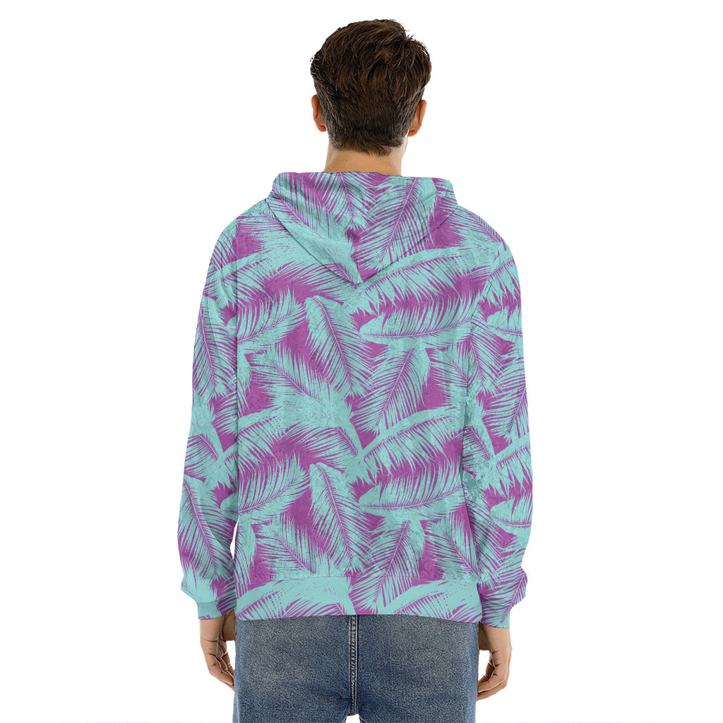 Purple And Teal Tropical Leaf Print Men's Velvet Pullover Hoodie