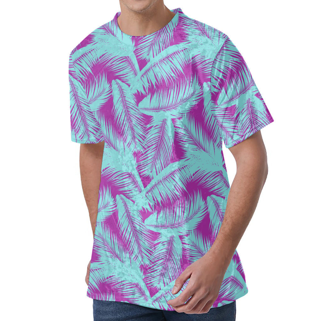 Purple And Teal Tropical Leaf Print Men's Velvet T-Shirt