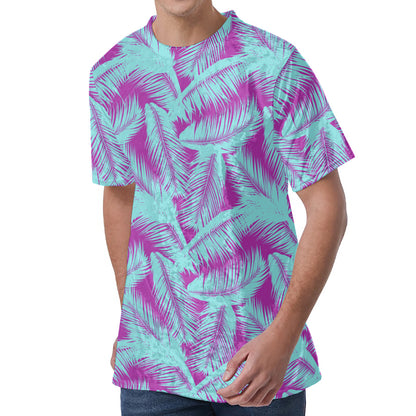 Purple And Teal Tropical Leaf Print Men's Velvet T-Shirt