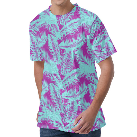 Purple And Teal Tropical Leaf Print Men's Velvet T-Shirt